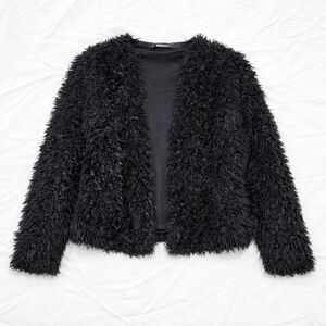 Gina Tricot Black Shaggy Faux Fur Cropped Open Front Glam Chic Cardigan Jacket